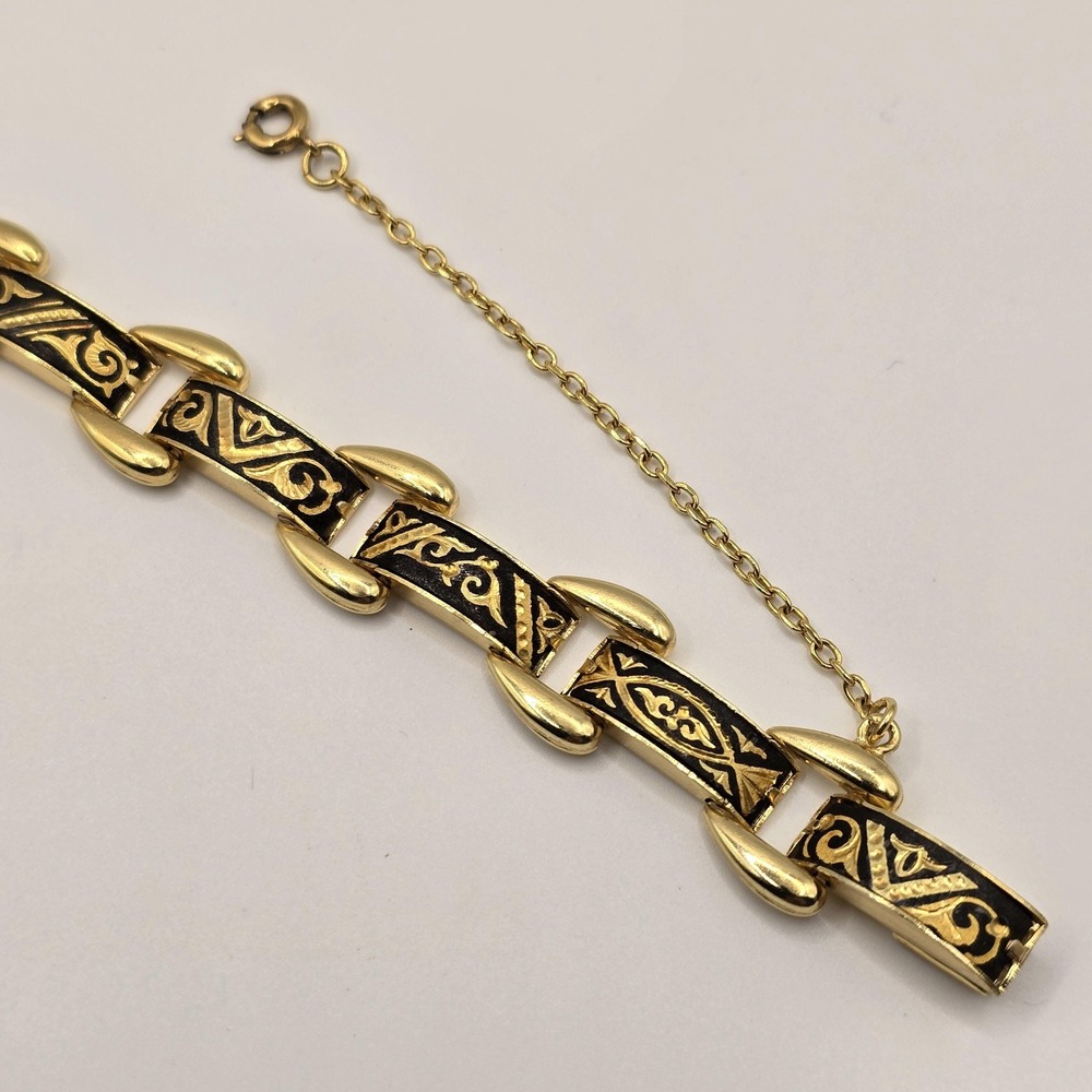 Vintage Spanish Damascene Link Bracelet - Black & Gold with Safety Chain - Picture 12 of 12